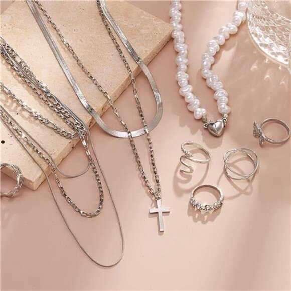 43 PCS Silver Jewelry Set for Women,Ball Dangle Hoop Earrings,Multi Layered - Picture 6 of 7